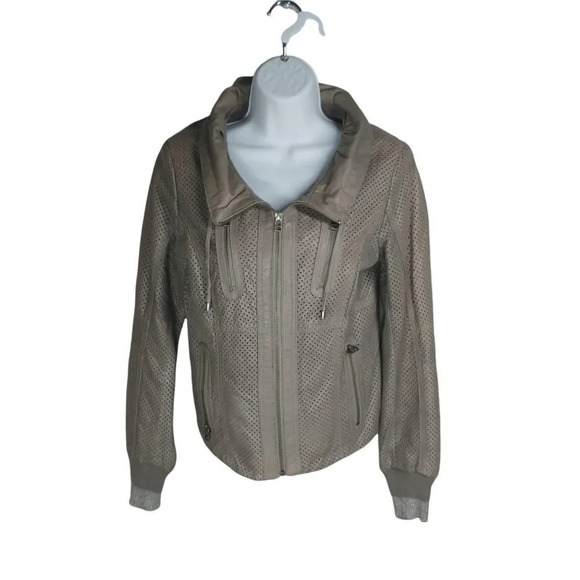 Danier  Leather Jacket Coat Bomber Motorcycle Cut Outs Taupe Muddy Brown XS - Picture 2 of 10
